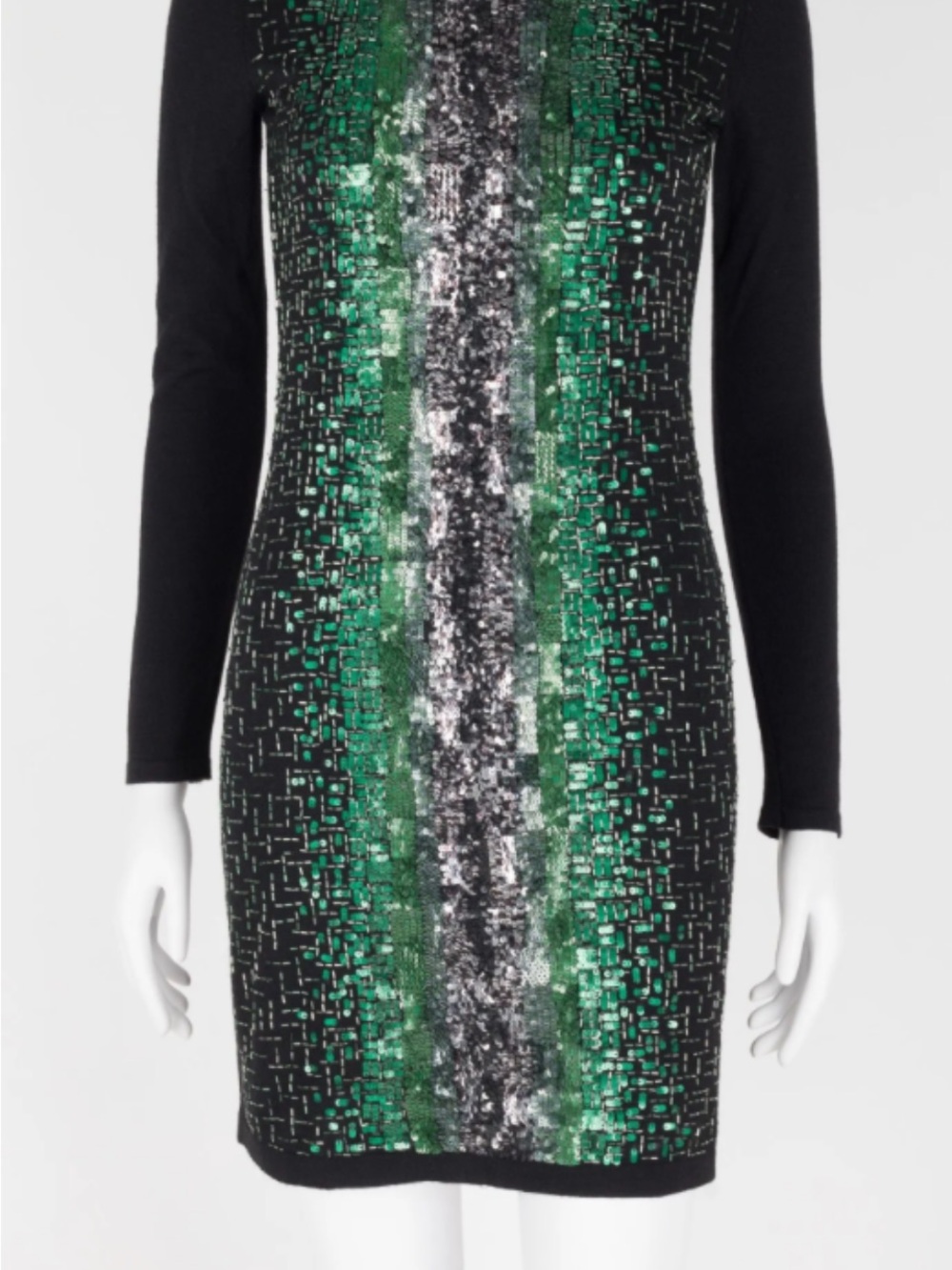 Oscar de la Renta Black and Emerald Sequin-Panel Long-Sleeve Dress